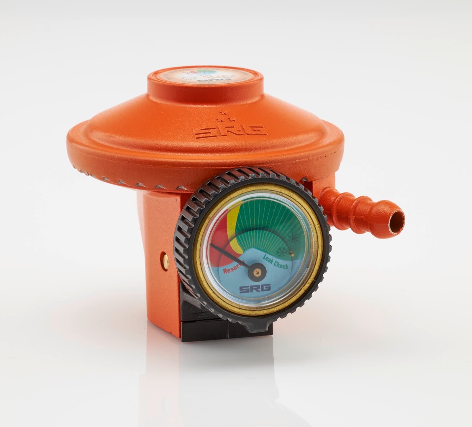 The Suez SRG smart gas regulator, an orange low-pressure regulator with a dial showing contents level and a leak-check indicator.